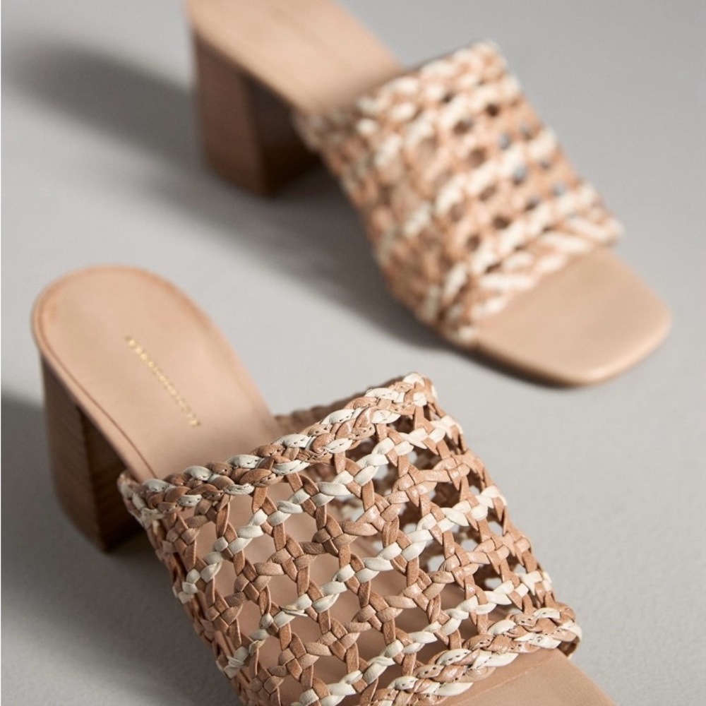 Anthropologie NIB $198 US 9 - 9.5 EU 40 Woven Tan and Cream Block Heel Sandals